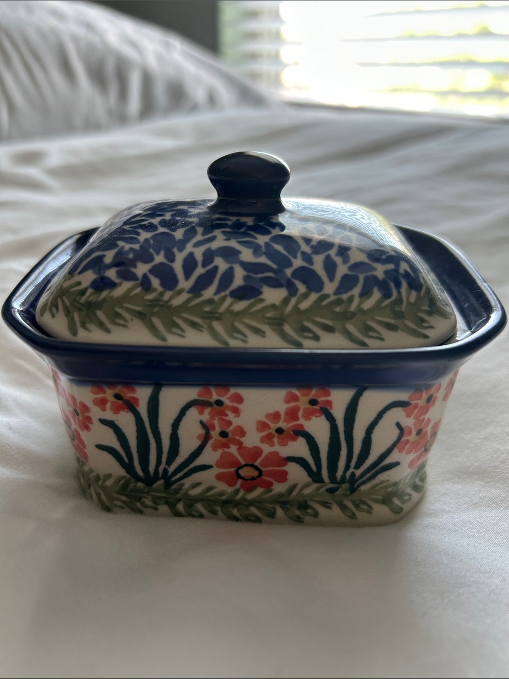 Polish Pottery Hand-Painted Floral Ceramic Trinket Dish with Blue Trim